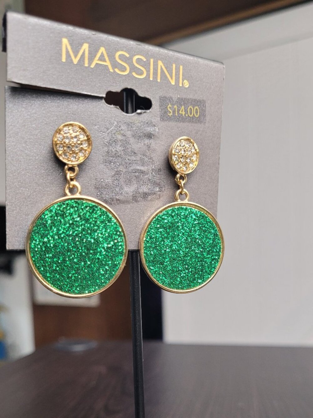 Gold/green glittery earrings with rhinestones NWT - Picture 10 of 11